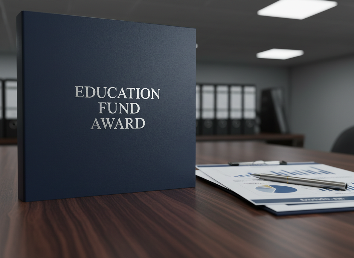 A close-up of a polished, navy-blue folder embossed with a silver emblem reading “Education Fund Award,” resting on a smooth, dark walnut table. Next to it lies a neatly arranged set of financial documents with clear charts and graphs, and a slim, brushed-metal pen aligned precisely along the paper’s edge. Overhead, cool, diffused office lighting provides balanced illumination, creating subtle highlights on the metallic embossing and pen clip while keeping shadows soft and minimal. Shot from a low, side angle with shallow depth of field, the embossed text is in sharp focus against a gently blurred background of organized binders. The mood is precise, trustworthy, and professional, captured in modern photographic realism.
