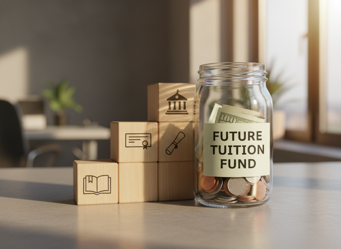 A pristine, transparent jar labeled “Future Tuition Fund” in clean sans-serif lettering, filled with neatly arranged coins and a few carefully folded currency notes, placed on a smooth, light concrete surface. Behind the jar sit three ascending wooden blocks in natural finish, symbolizing growth, each block stamped with small icons of a book, a diploma, and a building. Warm late-afternoon window light from the right side casts gentle, elongated shadows and soft highlights on the glass, enhancing a sense of steady progress. Shot at a slightly low angle with the jar in the foreground and the blocks receding into a soft bokeh background, the photographic realism composition feels optimistic, stable, and purpose-driven, representing long-term education savings.