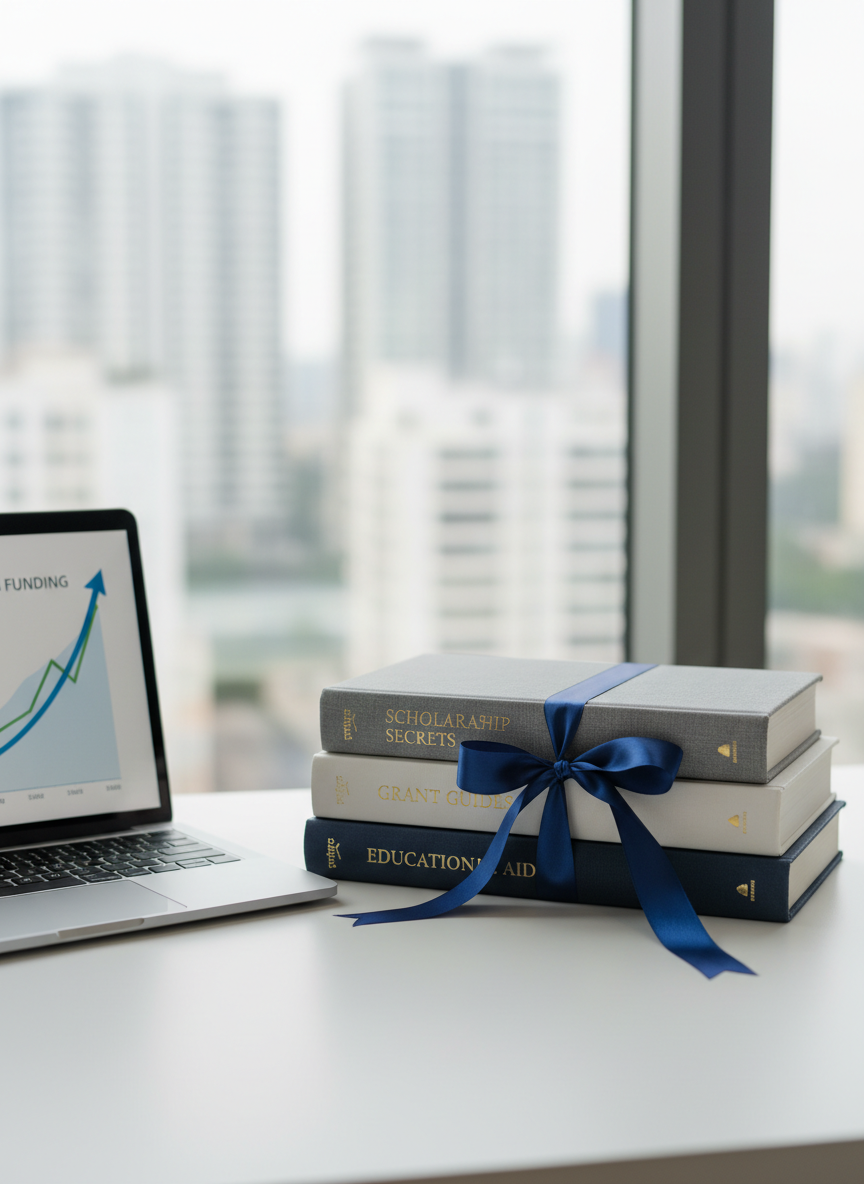 A meticulously arranged stack of hardcover books wrapped with a deep blue satin ribbon, placed beside a sleek silver laptop displaying a blurred graph of rising education funding on its screen. The books have textured cloth covers in muted gray, white, and navy, with subtle gold-embossed titles related to scholarships and grants. They sit on a matte white desk near a large window, where diffused daylight creates soft, even illumination and minimal shadows. The background shows a softly blurred cityscape, hinting at broader impact. Photographed from a slightly elevated angle with rule-of-thirds composition, the scene feels professional, hopeful, and forward-looking, rendered in clean photographic realism to represent educational support and financial growth.
