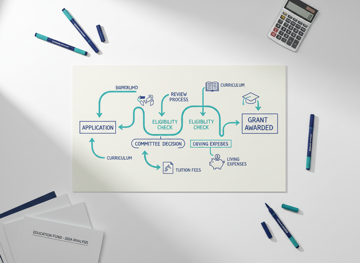 An overhead view of a large, clean white workspace where a detailed education funding roadmap is sketched on a wide sheet of paper. The roadmap features hand-drawn pathways leading from “Application” to “Grant Awarded,” with icons of books, graduation caps, and small piggy banks rendered in professional, minimalist style. Surrounding the paper are color-coordinated navy and teal markers, a sleek calculator, and neatly stacked budget reports. Soft, natural daylight from an unseen nearby window washes the scene in even, neutral light, creating faint, crisp shadows that emphasize order. The composition uses symmetrical balance with sharp focus throughout, producing a calm, organized, and strategic atmosphere in photographic realism, ideal for explaining how an education fund works.