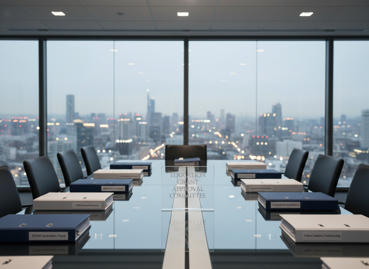 A modern, glass-walled conference table with a clear acrylic plaque centered on it, engraved with the words “Education Grant Approval Committee” in refined, frosted lettering. On the table lie neatly aligned folders in coordinated shades of slate blue and white, each labeled with concise scholarship names. The setting is a high-floor office with blurred city lights beyond the windows, hinting at scale and impact. Cool, even overhead lighting and subtle reflections on the glass surface create a crisp, corporate feel. Captured from a slightly elevated angle with strong linear perspective along the table’s edges, the photographic realism image conveys governance, transparency, and professionalism for an education funding organization.